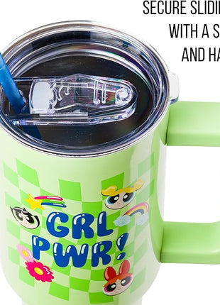 Silver Buffalo Powerpuff Girls Girl Power Groovy Retro Featuring Blossom, Bubbles, and Buttercup Stainless Steel Tumbler with Handle and Straw, Fits in Standard Cup Holder, 40 Ounces