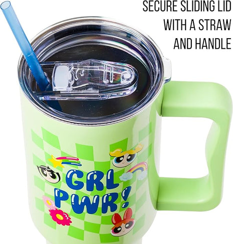Silver Buffalo Powerpuff Girls Girl Power Groovy Retro Featuring Blossom, Bubbles, and Buttercup Stainless Steel Tumbler with Handle and Straw, Fits in Standard Cup Holder, 40 Ounces
