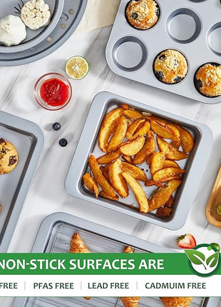 HONGBAKE Bakeware Sets, Baking Pans Set, Nonstick Oven Pan for Kitchen with Wider Grips, 10-Piece Including Rack, Cookie Sheet, Cake Pans, Loaf Pan, Muffin Pan, Pizza Pan - Sliver