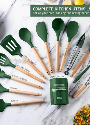 Country Kitchen Non Stick Silicone Utensil Set with Rounded Wood Handles for Cooking and Baking, 14 Piece Set, Green