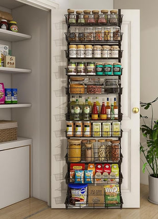 10-Tier Over The Door Pantry Organizer, Pantry Organization and Storage, Black Metal Hanging Adjustable Basket, Wall Spice Rack Seasoning Shelves, Home & Kitchen Essentials