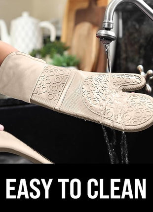 BPA-Free Silicone Oven Mitts Ultra Heat Resistant up to 500°F - Oven Mitts with Thick Cotton Liner - Long Slip Resistant Pot Holders, Flexible Oven Gloves - Beige 14.7