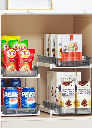 Delamu 2-Tier Multi-Purpose Bathroom Under Sink Organizers and Storage, Stackable Kitchen Pantry Organization, Pull Out Medicine Cabinet Organizer with Movable Dividers, Grey, 2 Pack