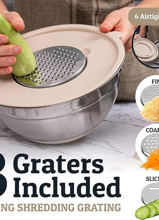 Priority Chef 6Pc Large Mixing Bowls With Lids Set with Non-Slip Bases, Stainless Steel Mixing Bowl Set, 6 Airtight Lids and 3 Graters, Khaki