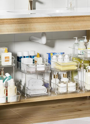 Delamu 2-Tier Under Sink Organizers and Storage, Multi-Purpose Stackable Bathroom Cabinet Organizers, Pull Out Kitchen Pantry Organization and Storage with Dividers(4 Pack, Clear)