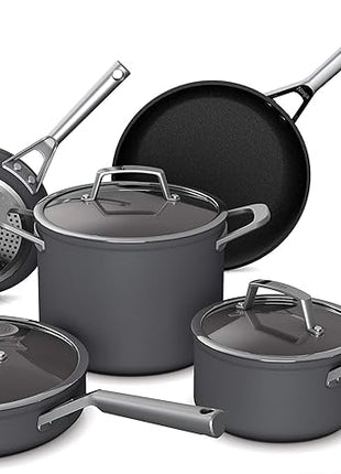 Ninja C38000 Foodi NeverStick Premium 8-Piece Cookware Set with Glass Lids, Hard-Anodized, Nonstick, Durable & Oven Safe to 500°F, Slate Grey