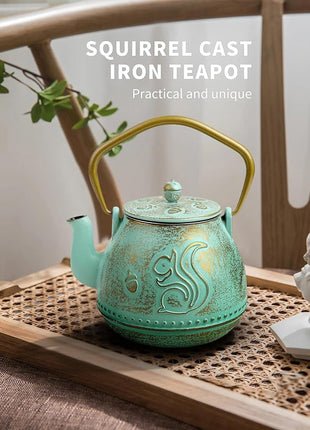 Toptier Teapot with Removable Infuser, Cast Iron Tea Kettle Stovetop Safe, Squirrel Design Tea Pot Coated with Enameled Interior for 32 Ounce (950 ml), Aqua