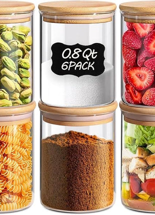 ComSaf 0.8 Qt Glass Food Storage Jars Set of 6, Clear Glass Storage Containers with Lids, Pantry Organization Jar, Spice Jar, Blooming Tea, Coffee and Sugar Container, Small Canister Set for Kitchen