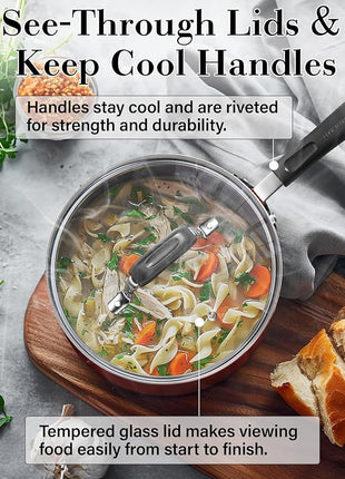 Cook N Home Pots and Pans Nonstick Cookware Set 12-Piece, Kitchen Cooking Set with Frying Pans and Saucepans, Induction Compatible, Marble Red