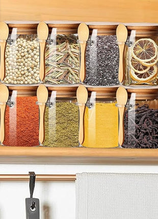 Spice Jars with Label 7oz Glass Storage Containers with Lids and Spoon Small Glass Jars for Overnight Oats Cereal Containers Storage Meal Prep Jars for Sugar Yogurt Chia Pudding Salt Candy 8pcs