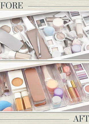 STORi SimpleSort 6-Piece Stackable Clear Drawer Organizer Set | 12" x 3" x 2" Rectangle Trays | Narrow Makeup Vanity Storage Bins and Office Desk Drawer Dividers | Made in USA