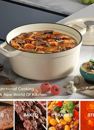 Miereirl 6.5 Quart Enameled Dutch Oven Pot with Lid, Cast Iron Dutch Oven with Dual Handles for Bread Baking, Cooking, Non-stick Enamel Coated Cookware (Beige)