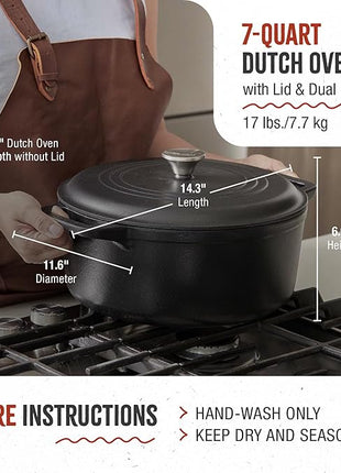 Victoria Cast Iron Large Dutch Oven with Lid and Dual Handles. 7 Quart Pot Seasoned with 100% Kosher Certified Non-GMO Flaxseed Oil