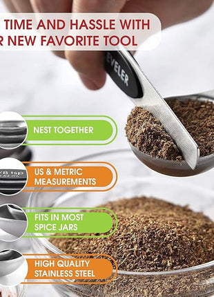 Spring Chef Stainless Steel Magnetic Measuring Spoons Set with Strong N45 Magnets, Heavy Duty Metal Kitchen Gadgets for Baking & Cooking, Fits in Most Kitchen Spice Jars, Set of 8 with Leveler, Black