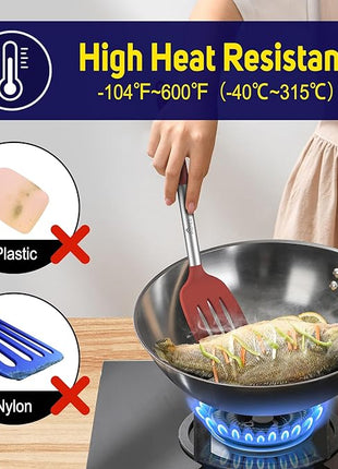 HOTEC Silicone Spatula Set of 2 Heat-Resistant 600°F & BPA-Free Kitchen SaptulaTurner with Stainless Steel Handles, Slotted & Solid Spatulas for Nonstick Cookware, 13.7 Inch, Red