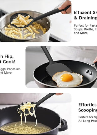 Coukre Silicone Kitchen Cooking Utensils Set with Holder – Heat-Resistant, Food-Grade Kitchen Tools, Spatula, Spoon & Gadgets for Non-Stick Pans, Dishwasher Safe (14, PureBlack)