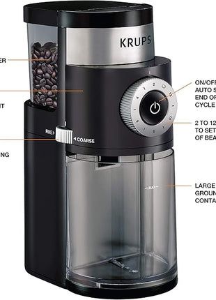 KRUPS Precision Burr Coffee Grinder: 12 Settings, 8 oz Capacity for Drip, French Press, Espresso, Pour Over, Cold Brew - Stainless Steel, 110W, Auto-Stop, Easy Clean - Coffee Grinders for Home Use