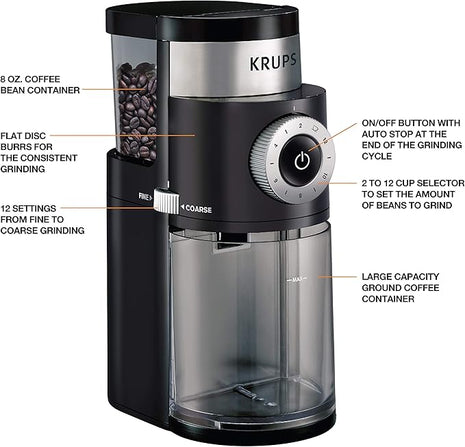 KRUPS Precision Burr Coffee Grinder: 12 Settings, 8 oz Capacity for Drip, French Press, Espresso, Pour Over, Cold Brew - Stainless Steel, 110W, Auto-Stop, Easy Clean - Coffee Grinders for Home Use