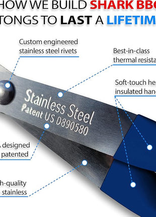 Shark BBQ Grill Tongs - 17 inch (Blue) Steak Tongs. Professional kitchen and outdoor grilling utensil. Long reach Barbeque Grilling Tong. Ideal for steak, fish, burger, and sausage