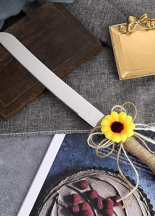TANG SONG Rustic Wedding Cake Knife and Serving Set with Sunflower Burlap Lace Wedding Cake Knife (Set of 2)