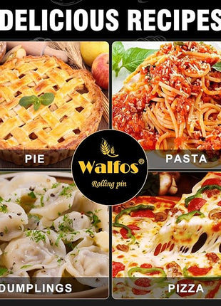 Walfos French Rolling Pin Set - Natural Wooden Rolling Pins (8inch, 15.7inch) With Non-stick Silicone Fiber Pastry Mat, Baking Dough Roller for Pizza, Pie, Pasta, Bread, Pastry