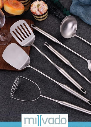 Stainless Steel Kitchen Utensil Set, Cooking Utensils, Set of 6 Kitchen Tools, Solid Spoon, Slotted Spoon, Solid Turner, Slotted Turner, Soup Ladle, Potato Masher, Dishwasher Safe