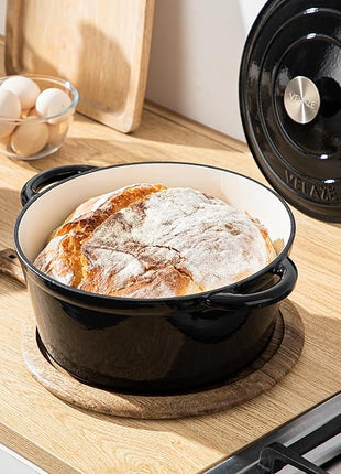 Velaze 7.5 QT Dutch Oven Pot with Lid, Enameled Cast Iron Dutch Oven with Dual Handles for Sourdough Bread Baking, Cooking, Non-stick Enamel Coated Cookware (Black)