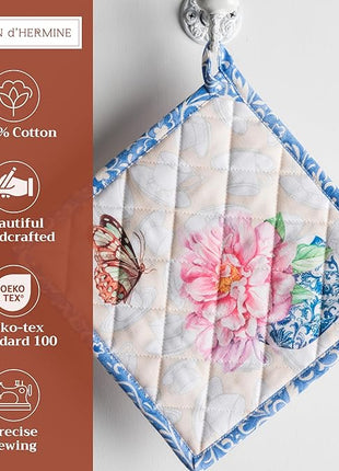 Maison d' Hermine Pot Holders Set 100% Cotton Heat Resistant Potholders 8" x 8" Hot Pads with Loop BBQ, Cooking, Baking, Grilling, Kitchen, Handling Hot Pans Spring/Summer (Pack of 2, Canton)