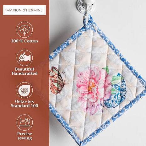 Maison d' Hermine Pot Holders 100% Cotton Heat Resistant Potholders 8" x 8" Hot Pads with Loop BBQ, Cooking, Baking, Grilling, Kitchen, Handling Hot Pans Spring/Summer (Pack of 1, Canton)