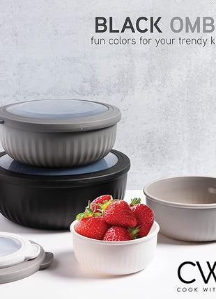 COOK WITH COLOR Prep Bowls with Lids- Wide and Deep Nesting Plastic Small Mixing Bowl Set with Lids, 8 Piece Set - Wide Bowls, Black/White