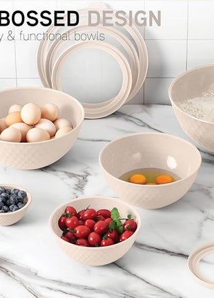 COOK WITH COLOR Mixing Bowls with Lids - 12 Piece Plastic Nesting Bowls Set includes 6 Prep Bowls and 6 Lids, Non Slip Bottom and Embossed Design - Microwave Safe (Cream)