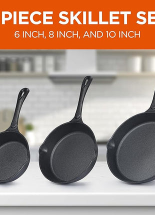 Commercial CHEF 3-Piece Cast Iron Skillet Set – 6 inch, 8 inch, and 10 inch - Pre-seasoned Cast Iron Cookware, Black
