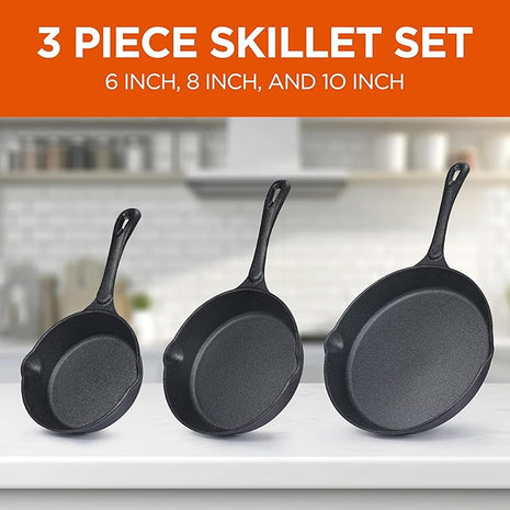 Commercial CHEF 3-Piece Cast Iron Skillet Set – 6 inch, 8 inch, and 10 inch - Pre-seasoned Cast Iron Cookware, Black