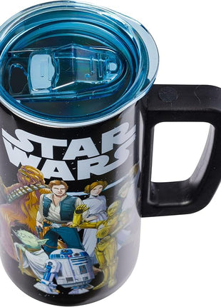 Silver Buffalo Star Wars Featuring Luke Skywalker, Princess Leia, Hans Solo, Chewbacca, Yoda, R2-D2, and C-3PO Double Wall Stainless Steel Travel Mug With Handle, 15 Ounces