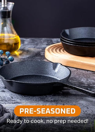 Bruntmor 6, 7.5, 10 Inches Black Pre-Seasoned Cast Iron Frying Pan Set of 3, Oven Safe Cast Iron Skillet, Cast Iron Grill Pan Set, Nonstick Cookware and Bakeware for Casserole Dish