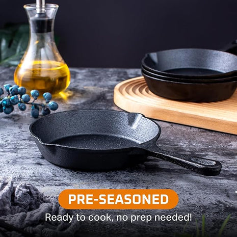 Bruntmor 6, 7.5, 10 Inches Black Pre-Seasoned Cast Iron Frying Pan Set of 3, Oven Safe Cast Iron Skillet, Cast Iron Grill Pan Set, Nonstick Cookware and Bakeware for Casserole Dish