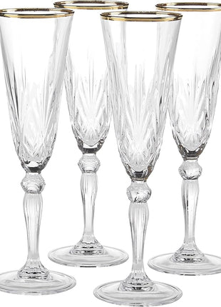 Lorren Home Trends Siena Collection Crystal Flute Glass with Gold Band Design, Set of 4
