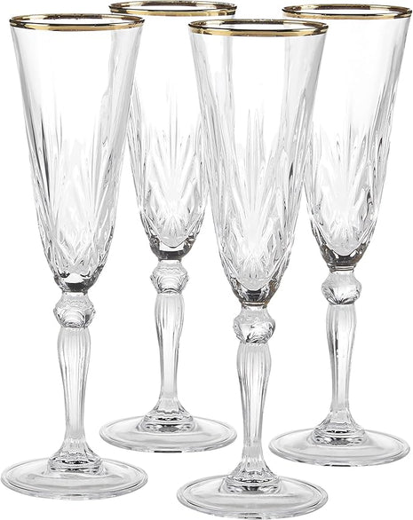Lorren Home Trends Siena Collection Crystal Flute Glass with Gold Band Design, Set of 4