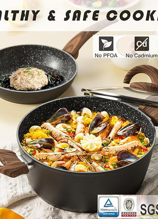 Non Stick Pots and Pans Set, Healthy Ceramic Cookware Set, 12pcs Kitchen Cooking Pots and Frying Sauce Saute Pans Set, PFAS-Free with Kitchen Utensils and Lid, Black