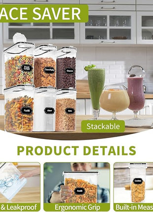 Skroam 8PCS Cereal Containers Storage [4L/135.2 oz], Airtight Food Storage Containers with Pour Spout for Kitchen & Pantry Organization Storage, Plastic Cereal Dispensers, Measuring Cup & 20 Labels