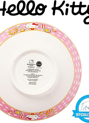 Silver Buffalo Sanrio Hello Kitty Pink and Gold Japanese Pattern with Flowers Ceramic Ramen Noodle Rice Bowl with Chopsticks, Microwave Safe, 30 Ounces
