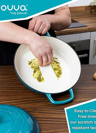 Cast Iron Dutch Oven with Lid – Non Stick Shallow Dutch Oven Pot, Oven Safe up to 500° F – Sturdy Cooking Pot – Enamelled Stockpot Cookware – Teal, 3.7-Quart, 30cm – by Nuovva