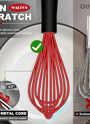 Walfos Whisk,Silicone Whisks- Heat Resistant（480°F） Silicone Whisks for Cooking Non Scratch,BPA free and Dishwasher Safe.Perfect for Blending,Whisking,Beating, Set of 3(Red)
