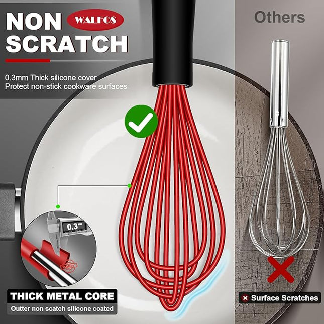 Walfos Whisk,Silicone Whisks- Heat Resistant（480°F） Silicone Whisks for Cooking Non Scratch,BPA free and Dishwasher Safe.Perfect for Blending,Whisking,Beating, Set of 3(Red)