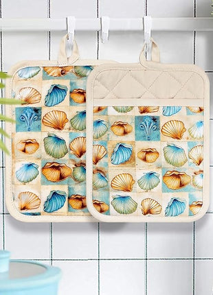 Pot Holders Set of 2 Heat Resistant 480 ℉Non Slip Clear Silicone Printed Comfortable Cotton Lining Kitchen Women Men Cooking Baking Microwave Machine Washable (Shell, Beige potholders)