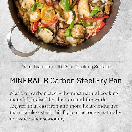 De Buyer MINERAL B Carbon Steel Fry Pan - 14” Diameter, 10.25” Cooking Surface - Ideal for Searing, Sauteing & Reheating - PFAS, PFOA & PFOS Free - Made in France