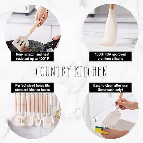 Country Kitchen Non Stick Silicone Utensil Set with Rounded Wood Handles for Cooking and Baking, 38 Piece Set, Khaki