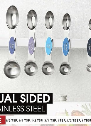 Spring Chef Stainless Steel Magnetic Measuring Spoons Set of 8 with Leveler, Dual Sided Metal Teaspoon & Tablespoon Measuring Spoons, Nesting Kitchen Gadgets for Baking & Cooking - Winter Frost