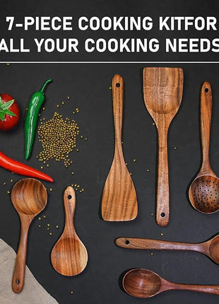 FJNATINH 7-Piece Nonstick Wooden Cooking Utensils Set, Natural and Healthy Kitchen Utensils（7 Pcs）