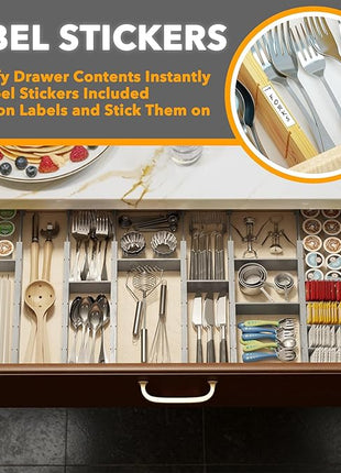 SpaceAid Bamboo Drawer Dividers with Inserts and Labels, Kitchen Adjustable Drawer Organizers, Expandable Organization for Home, Office, Dressers, 7 Dividers with 15 Inserts (17"-22" Gray)